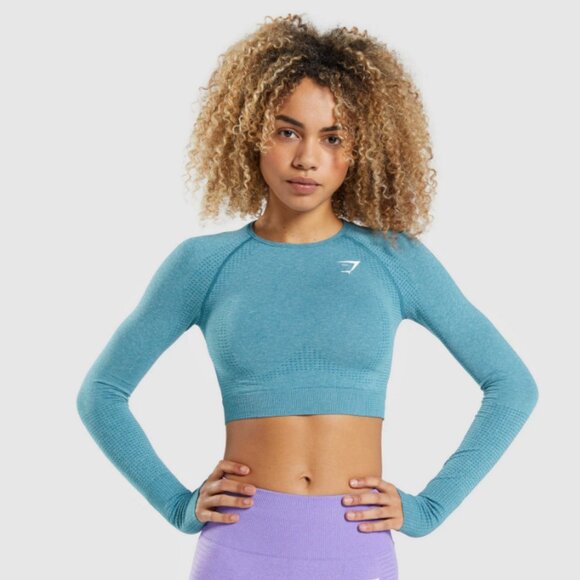 Gymshark Vital Seamless 2.0 Long Sleeve Crop Top Tahoe Teal Marl - Picture 1 of 5
